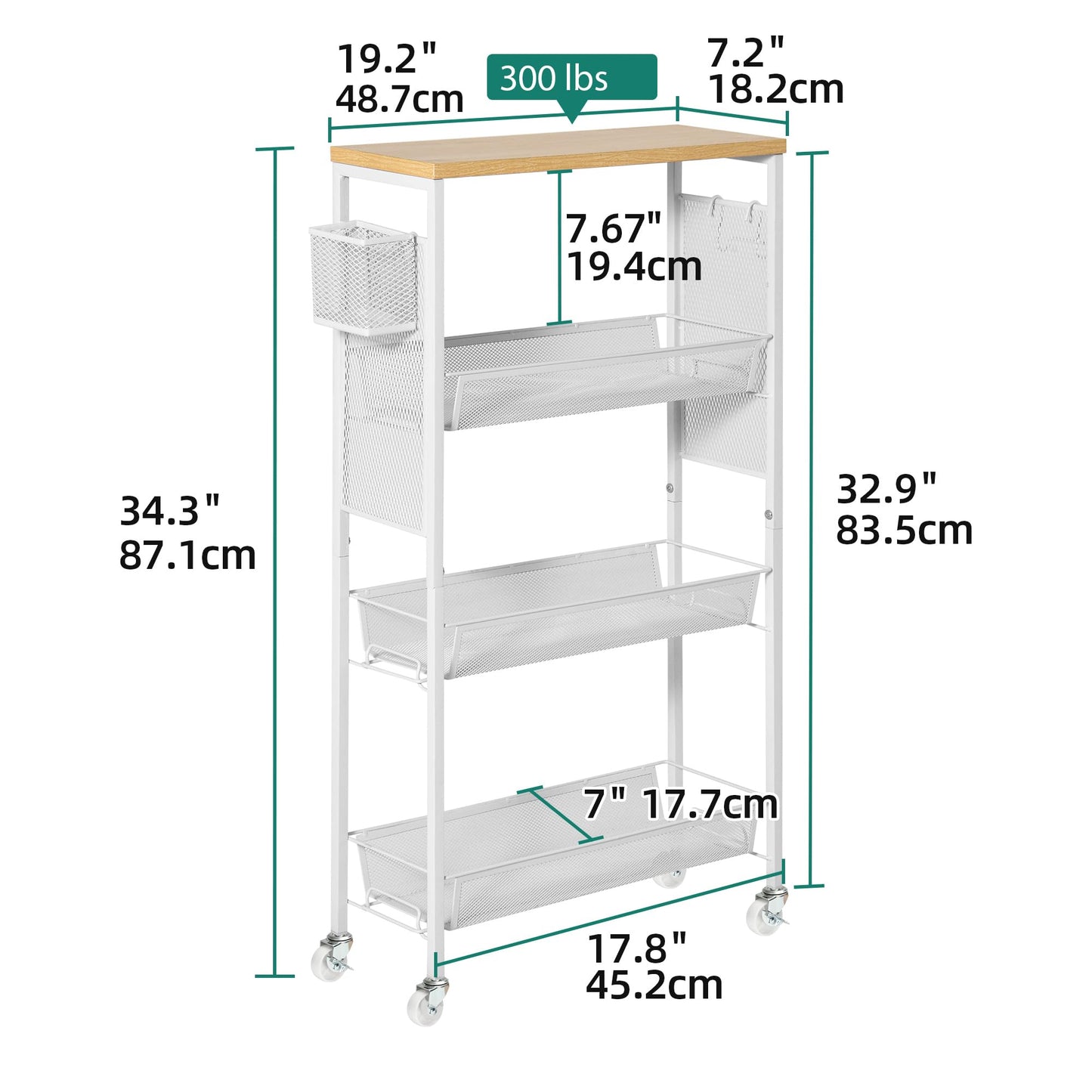 YITAHOME 4-Tier Slim Rolling Cart, Kitchen Cart with Wheels, Storage Cart with Wooden Tabletop and Mesh Baskets, Mobile Utility Cart for Narrow Space