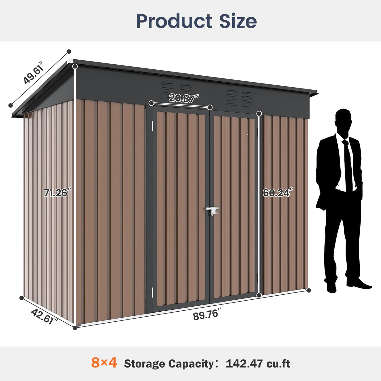 UDPATIO Outdoor Storage Shed 8x4 FT, Outside Sheds & Outdoor Storage Metal Galvanized Steel Yard, Patio, Lawn, Tool Shed with Lockable Door for Can, Bike, Lawnmower, Generator,Brown UDPATIO