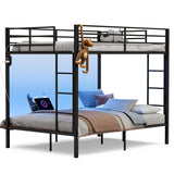IKIFLY Full Over Full Bunk Beds with LED Lights and Charging Station, Heavy Duty Metal Full Size Bunk Bed Frame, Safety Guardrail & 2 Ladders, Space-Saving Design, No Box Spring Needed, Black IKIFLY