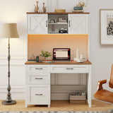 Farmhouse 67" H Executive Desk with Hutch,Office Desk with 4 Drawers and LED Light, Computer Desk with Storage Cabinet & File Drawers and Charging Station, Wood Workstation for Home Office and Study Vabches