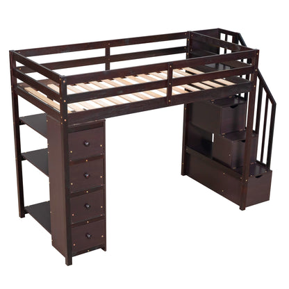 Twin Loft Bed with Stairs and Storage by Harper & Bright Designs - Solid Wood Frame in Espresso