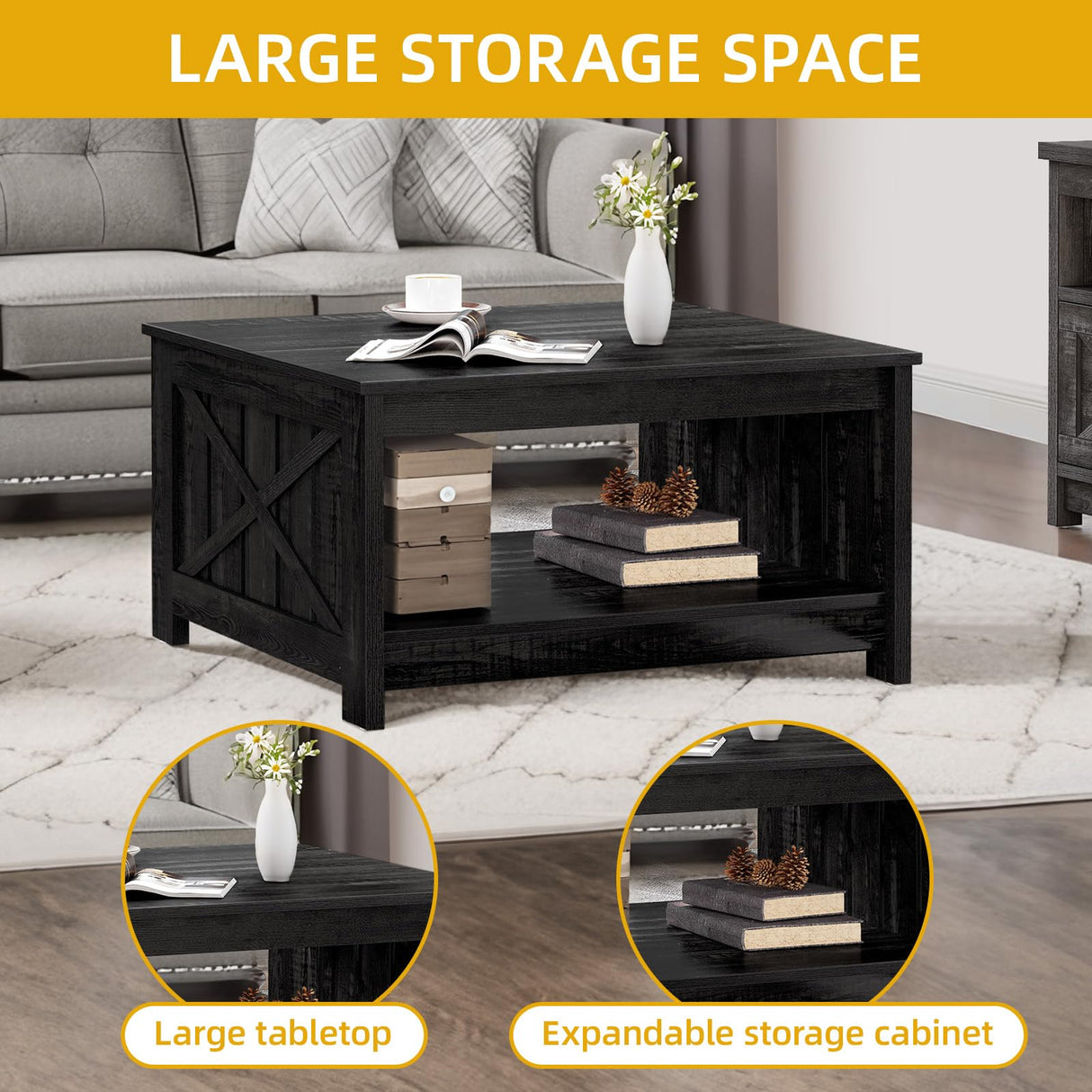 DWVO Square Coffee Table for Living Room, Farmhouse Coffee Table with Storage, 2-Tier Wood Coffee Tables Center Table with Half Open Storage Compartment, Black DWVO