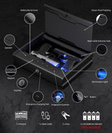 PINEWORLD Gun Safe For Handgun, Gun Case, Biometric Gun Safe For Car, Pistol Safes With Fingerprint|Passcode|Key Unlock, Full Voice Prompt Gun Lock Box with Cable, Charging Port PINEWORLD