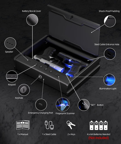 PINEWORLD Gun Safe For Handgun, Gun Case, Biometric Gun Safe For Car, Pistol Safes With Fingerprint|Passcode|Key Unlock, Full Voice Prompt Gun Lock Box with Cable, Charging Port