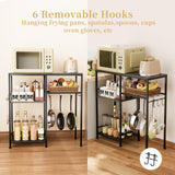 Consumest Bakers Rack with Storage - Microwave Stand and Coffee Bar Cabinet, Multifunctional Pan Organizer with 6 Hooks and 2 Shelves, Microwave Cart for Kitchen, Living Room, Grey&Black Consumest