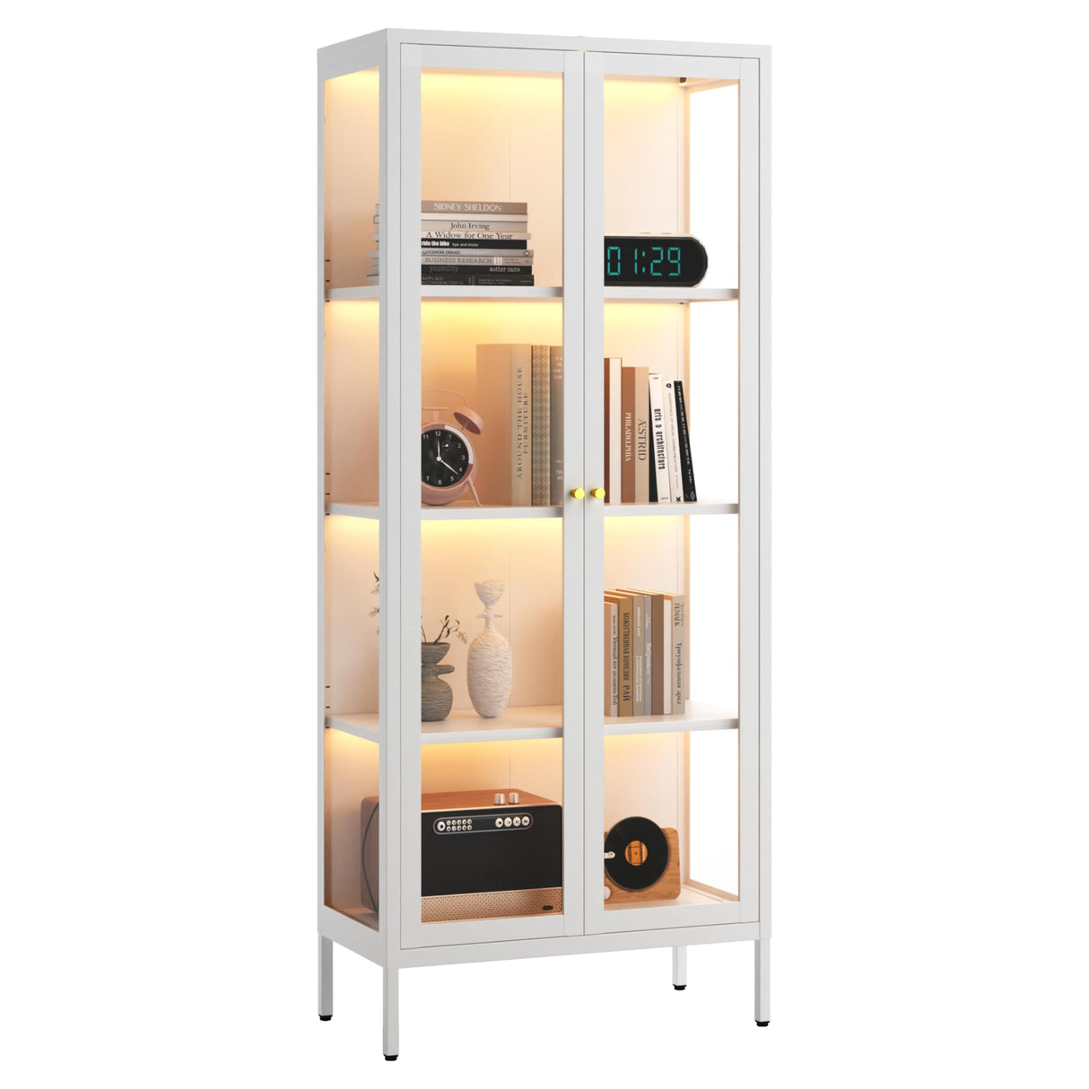 TIMELESS PIECES 66" H Glass Display Cabinet 4-Tier,Lighted Display case,Curio Cabinet with Glass Doors and Adjustable Shelves, Display Shelf for Collectibles,Living Room TIMELESS PIECES