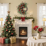 Christmas Wreath for Front Door, Artificial Door Wreaths with LED Lights Bells Berries & Pinecones Christmas Decorations, Xmas Wreaths for Wall Window Fireplace Holiday Home Decor Anhity
