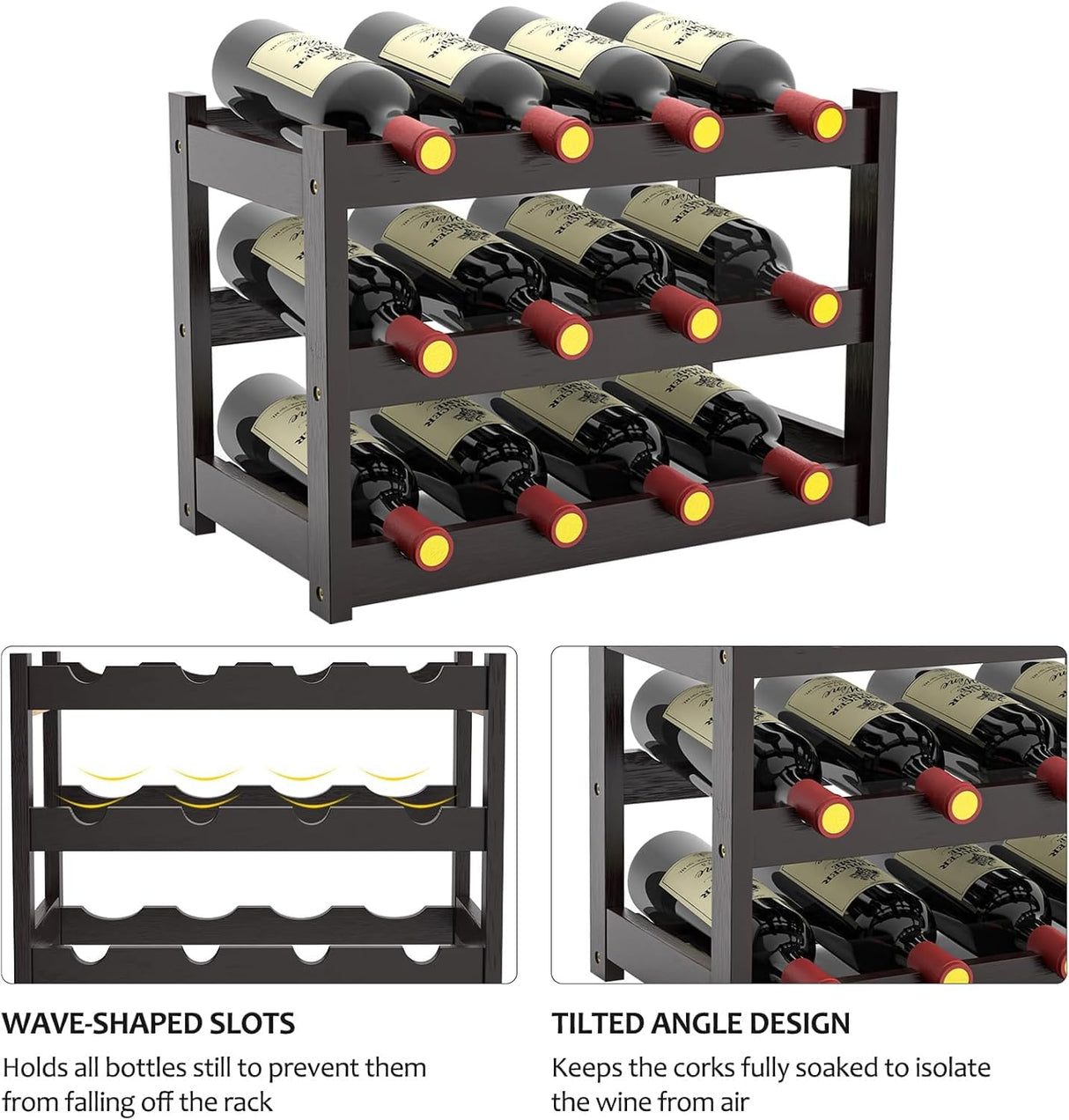 FoverOne Bamboo Wine Rack Countertop, 3-Tier 12 Bottles Wine Storage Shelf for Kitchen Pantry Cabinet - Dark Brown FoverOne