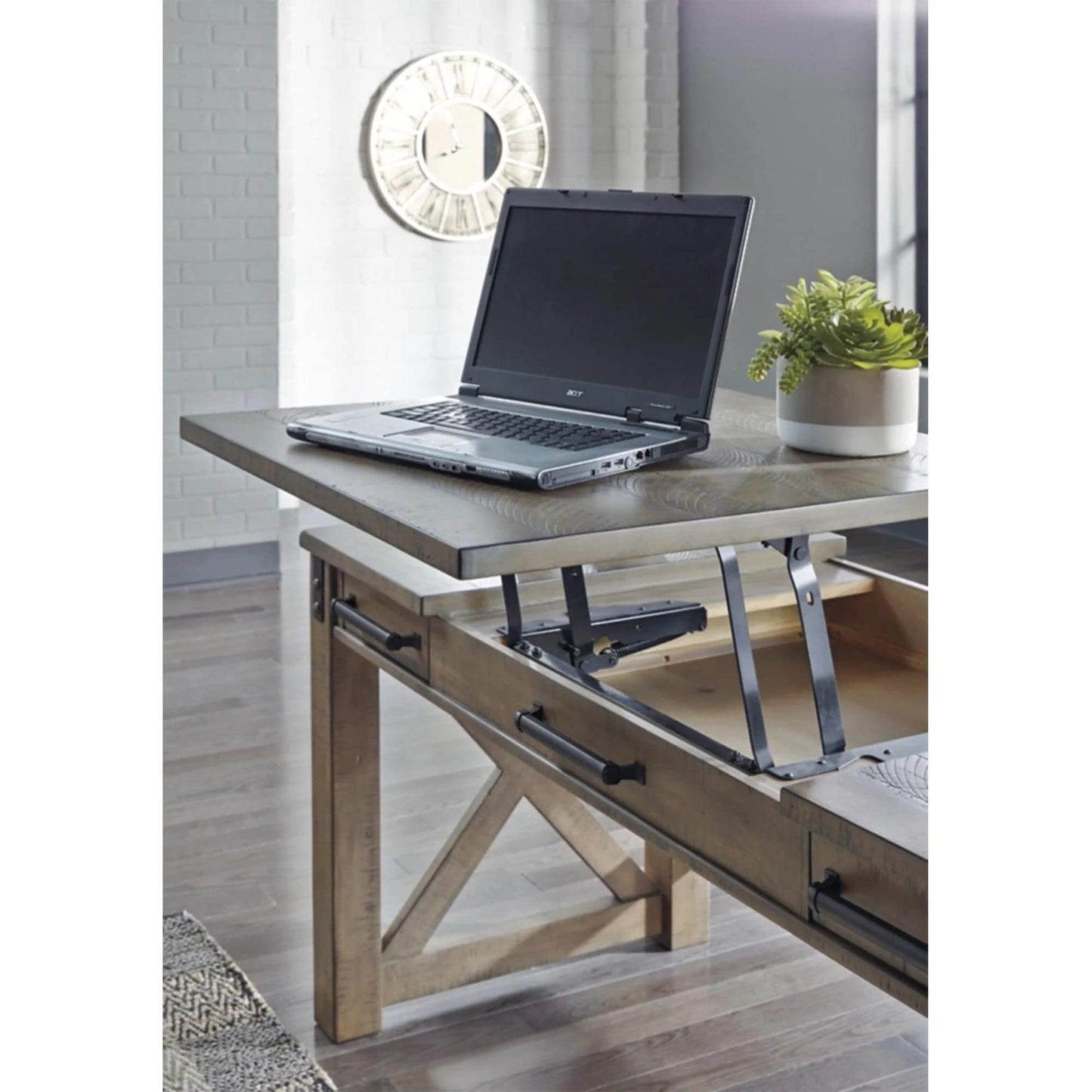 Signature Design by Ashley Aldwin Rustic Farmhouse 60" Home Office Lift Top Desk with Charging Ports, Distressed Gray - WoodArtSupply