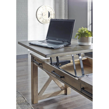 Signature Design by Ashley Aldwin Rustic Farmhouse 60" Home Office Lift Top Desk with Charging Ports, Distressed Gray - WoodArtSupply