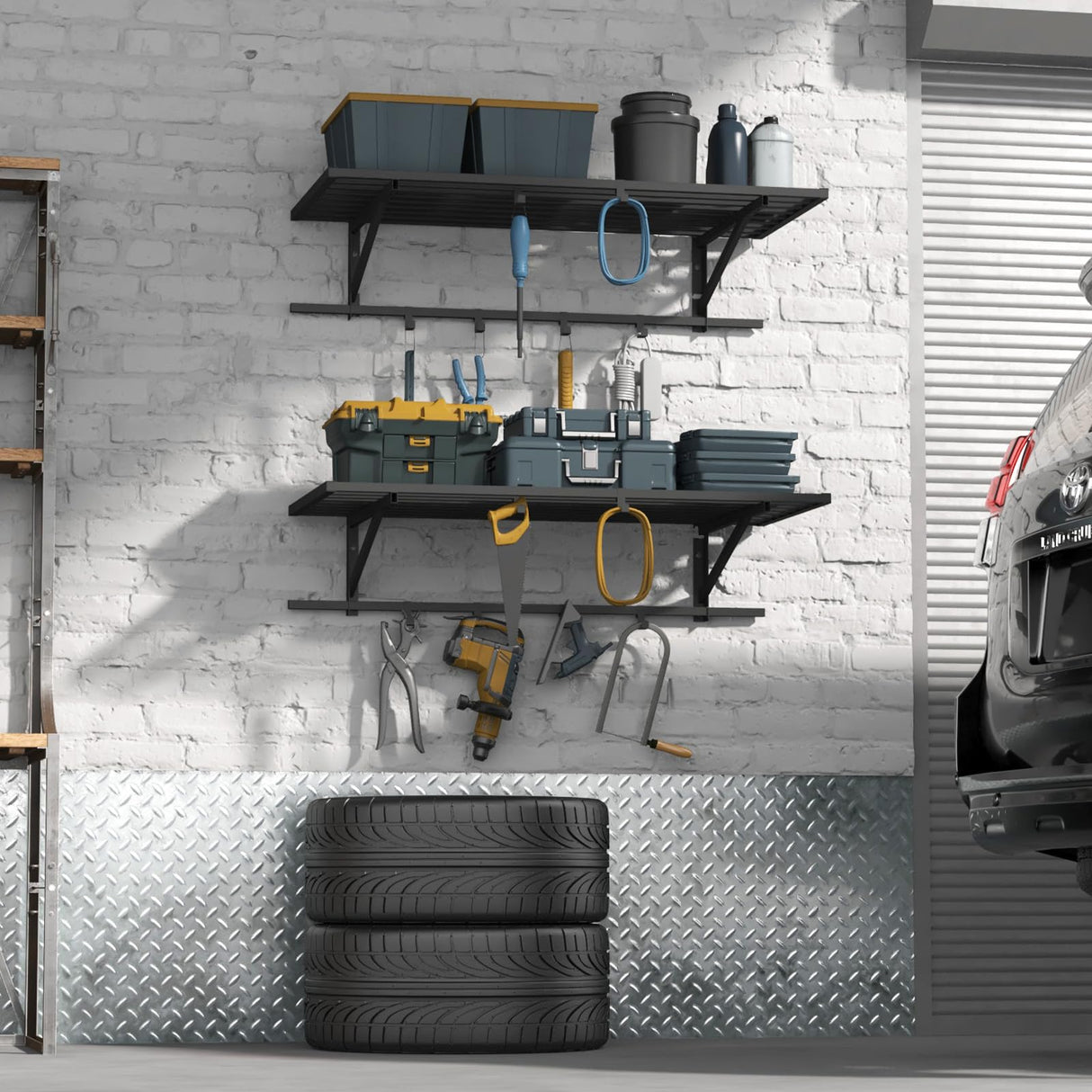 ZHNSYDN 2-Pack 2x4ft Garage Shelving Wall Mounted, Heavy Duty Garage Storage Shelves with 12 Hooks, 2' x 4' Wall Mount Shelves with 500LBS Capacaity ZHNSYDN