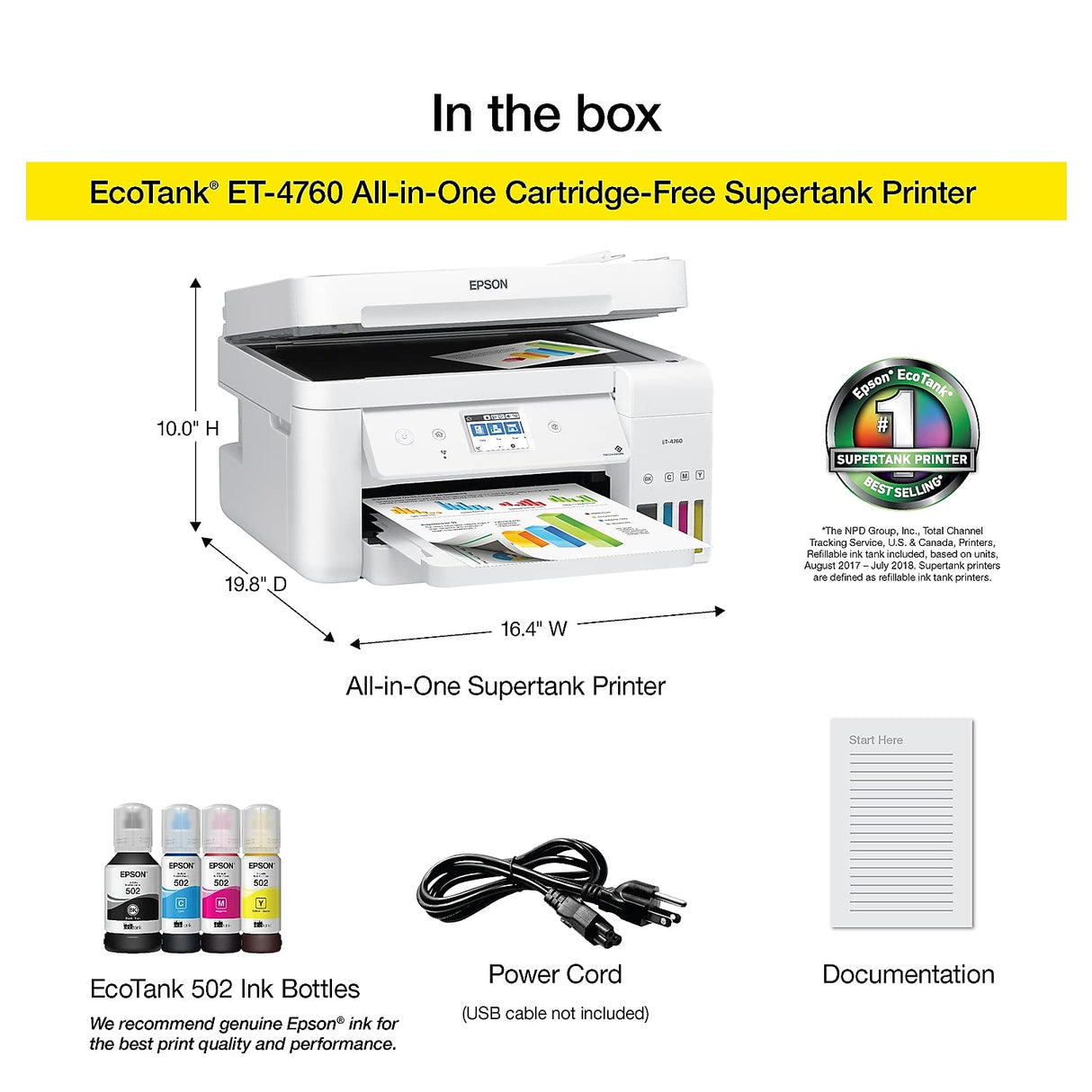 Epson EcoTank ET-4760 Wireless Color All-in-One Cartridge-Free Supertank Printer with Scanner, Copier, Fax, ADF and Ethernet - White Epson