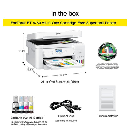 Epson EcoTank ET-4760 Wireless Color All-in-One Cartridge-Free Supertank Printer with Scanner, Copier, Fax, ADF and Ethernet - White