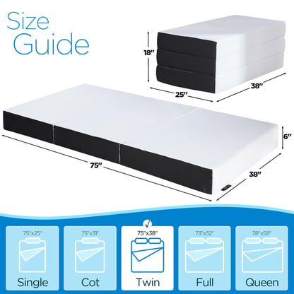 Roxzo Memory Foam Folding Mattress,6 inch Twin Tri-Folding Memory Form Mattress, Portable Trifold Mattress Topper with Washable Cover, Non-Slip Bottom Camping Mattress Guest Bed, 75"x38"x6"