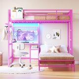 DICTAC Bunk Bed with Desk and Charging Station Metal Loft Bed Twin Size with Led Lights & Storage Shelves and Drawers L-Shaped Twin Over Twin Size Bunk Bed for Teen,Safety Guardrail and Ladder,Pink DICTAC