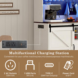 74" Tall 63" Wide Large Coffee Bar Cabinet w/ Outlet,6000-color LED Light,Pegboard,Farmhouse Hutch Cabinet w/Barn Door,2 Big Drawers,Adjustable Shelves,10 Wine & Glasses Rack,5 Hook for Kitchen,White chartustriable