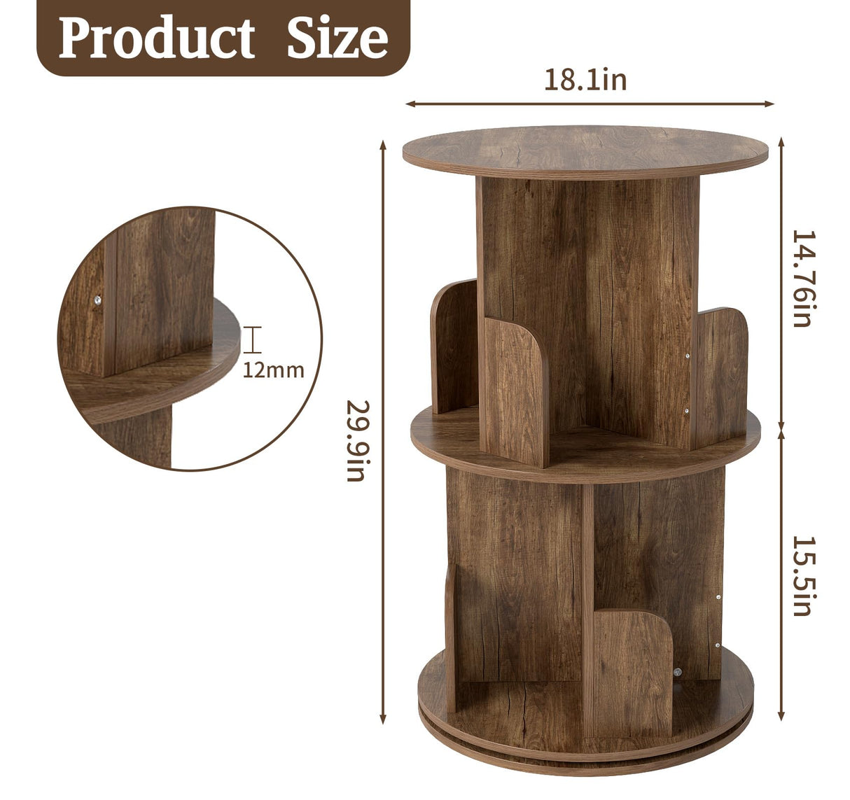 Suuiwau 2-Tier Rotating Bookshelf, 360° Spinning Corner Bookcase Space-Saving Storage Rack for Living Room, Bedroom, Office, Kids Room Suuiwau