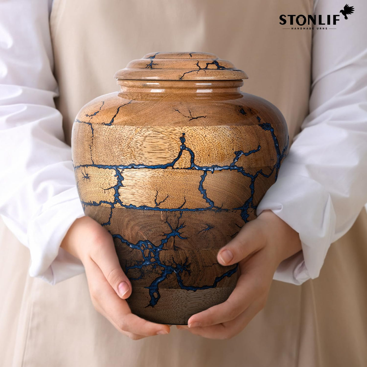 STONLIF Wooden Cremation Urns for Human Ashes 200 Cubic Inches - Urn for Adult Male & Female - Decorative Urns, Funeral Urns, Burial Wood Urns for Men, Women & Loved Ones - Blue, Large (200 lbs) STONLIF