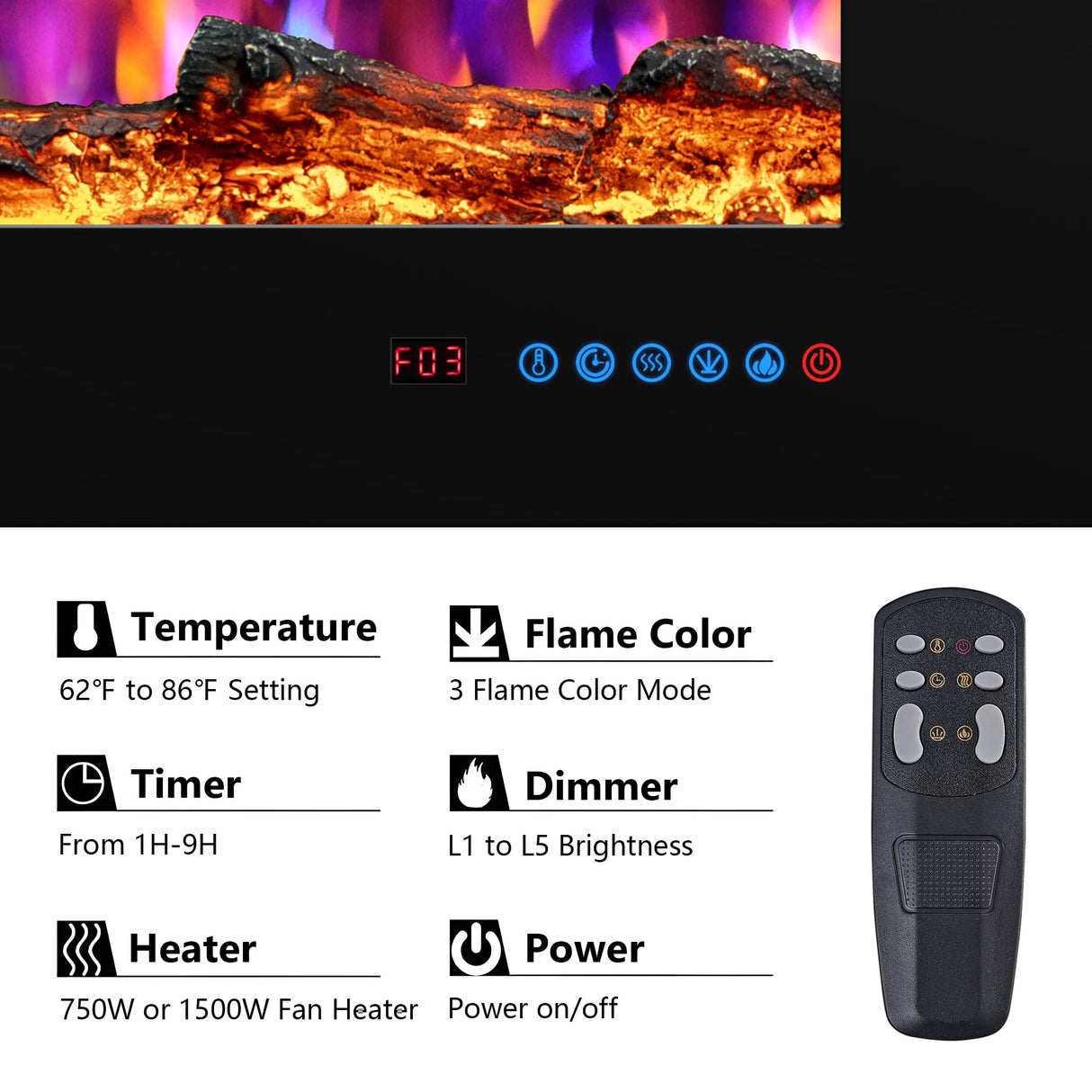 Valuxhome 72in Smart App Electric Fireplace,Recessed & Wall-Mount, Logset & Crystal,Decoration,Remote Control, 750/1500W,Black,Overheating Protection,62-86°F,Hard-Wire Valuxhome