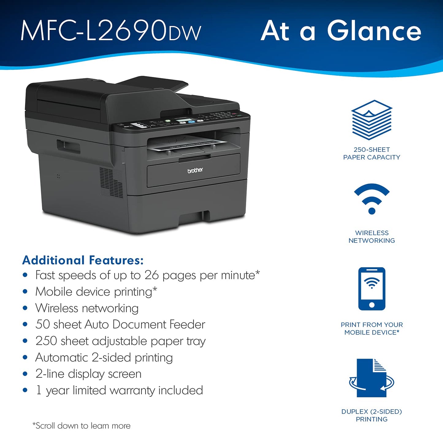 Brother Premium MFC-L2690DW Compact Monochrome All-in-One Laser Printer