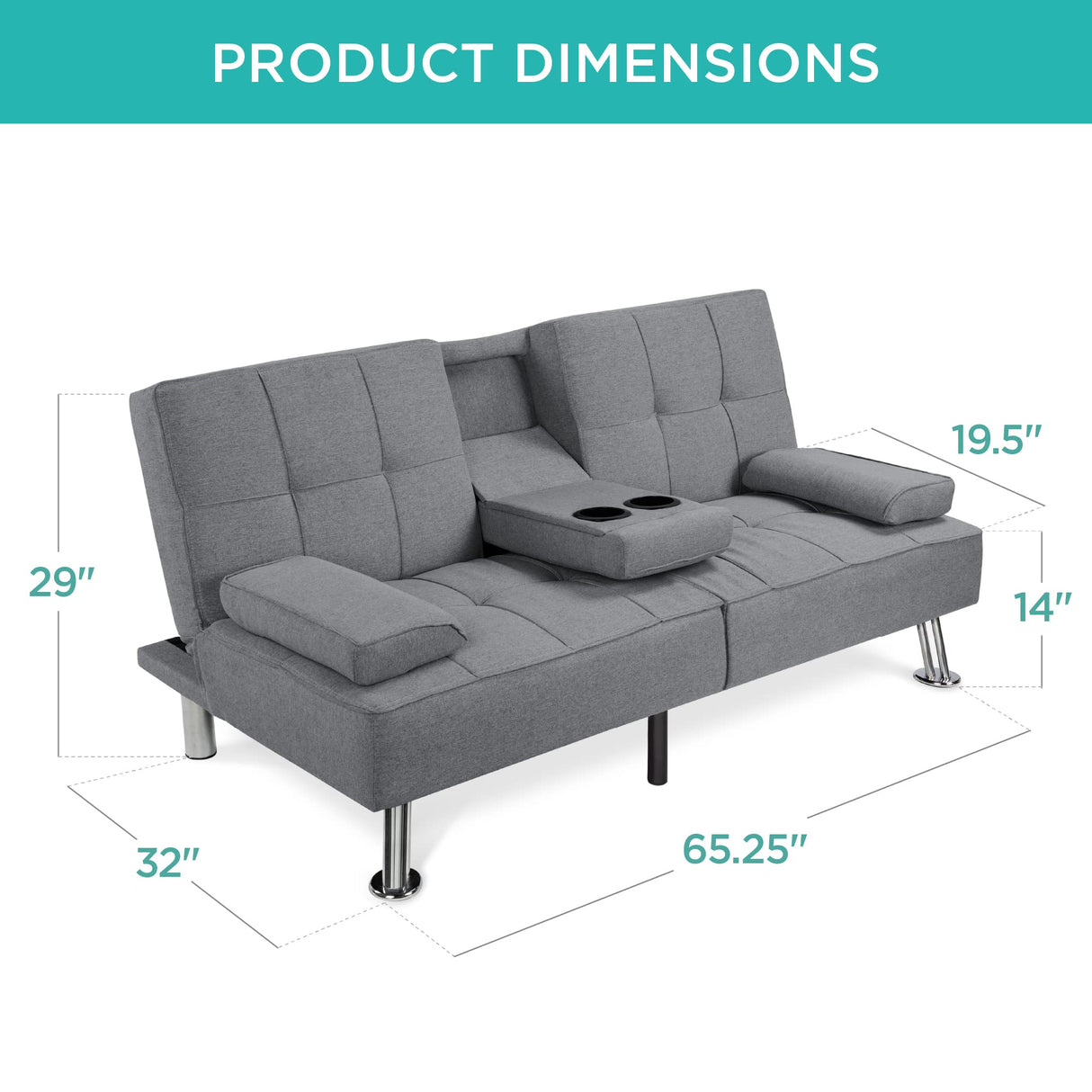 Best Choice Products Linen Modern Folding Futon, Reclining Sofa Bed for Apartment, Dorm w/Removable Armrests, 2 Cupholders - Gray Best Choice Products