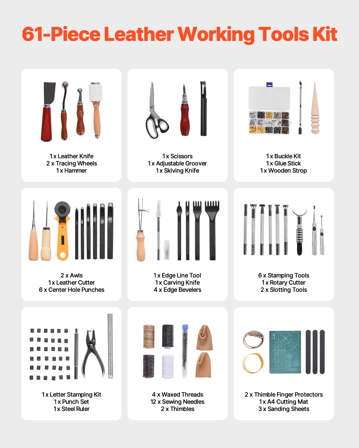 VEVOR Leather Working Tools Kit, 61 PCS Leather Craft Tools with Portable Canvas Storage Bag, Engraving Punching Sewing Stamping Sanding Tools, Ideal for Beginners DIY Enthusiasts and Professionals VEVOR