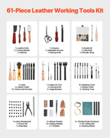 VEVOR Leather Working Tools Kit, 61 PCS Leather Craft Tools with Portable Canvas Storage Bag, Engraving Punching Sewing Stamping Sanding Tools, Ideal for Beginners DIY Enthusiasts and Professionals VEVOR