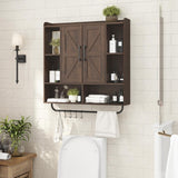 RUSTOWN Rustic Wood Wall Bathroom Cabinet, Farmhouse Medicine Cabinet Wall Mounted, Space Saving Wall Storage Cabinet with 2 Barn Door, 3-Tier Adjustable Shelves and Towel Bar(Dark Walnut) RUSTOWN