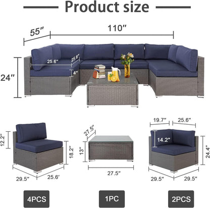 Oakcloud 7-Piece Outdoor Patio Furniture Set Grey Rattan Wicker Sectional Sofa Conversation Sets with Cushions and Glass Top Table (Dark Blue) - WoodArtSupply