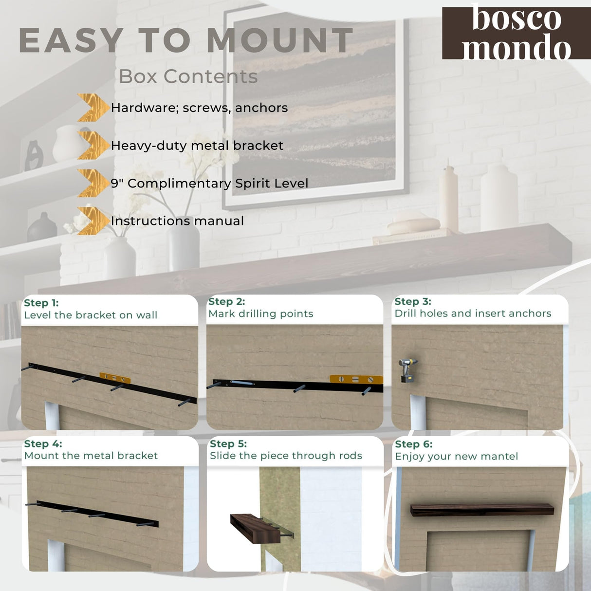 BoscoMondo Solid Wood Fireplace Mantel Shelf, Floating Mantle for Living Room, Farmhouse Rustic Wood Mantel, Easy Wall Mount with Heavy-Duty Metal Bracket (72", Oak) BoscoMondo