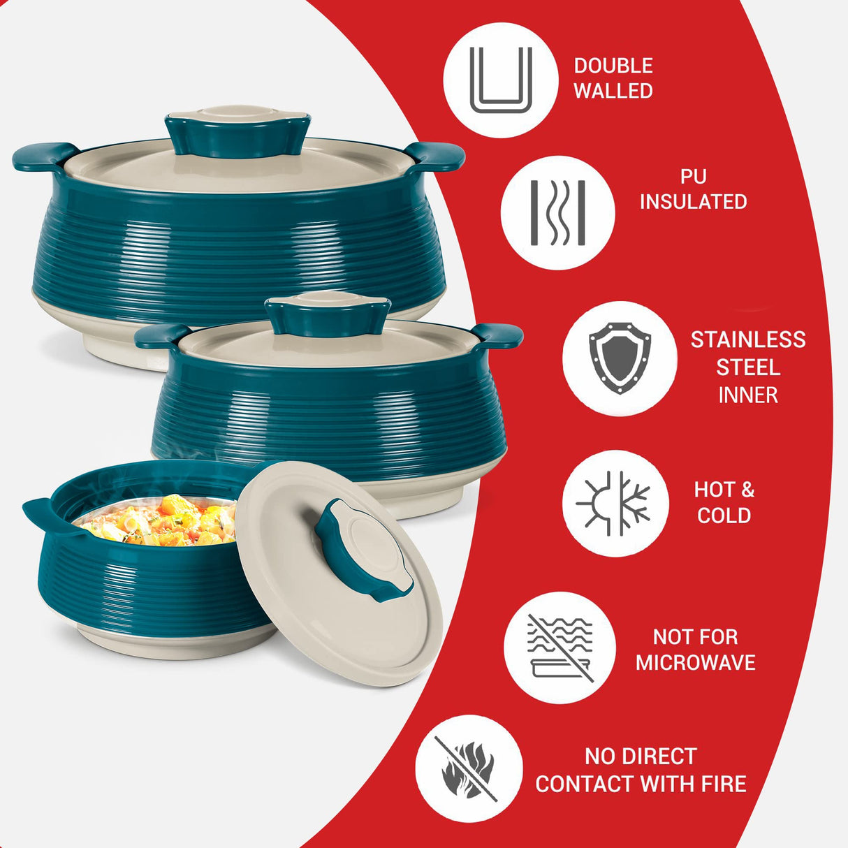 Milton Casserole for hot food, Double walled insulated inner Stainless Steel hot pot with lid, Serving box for food and roti, insulated serving bowl with lid, Set of 3 Venice, Marble Green MILTON