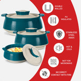 Milton Casserole for hot food, Double walled insulated inner Stainless Steel hot pot with lid, Serving box for food and roti, insulated serving bowl with lid, Set of 3 Venice, Marble Green MILTON