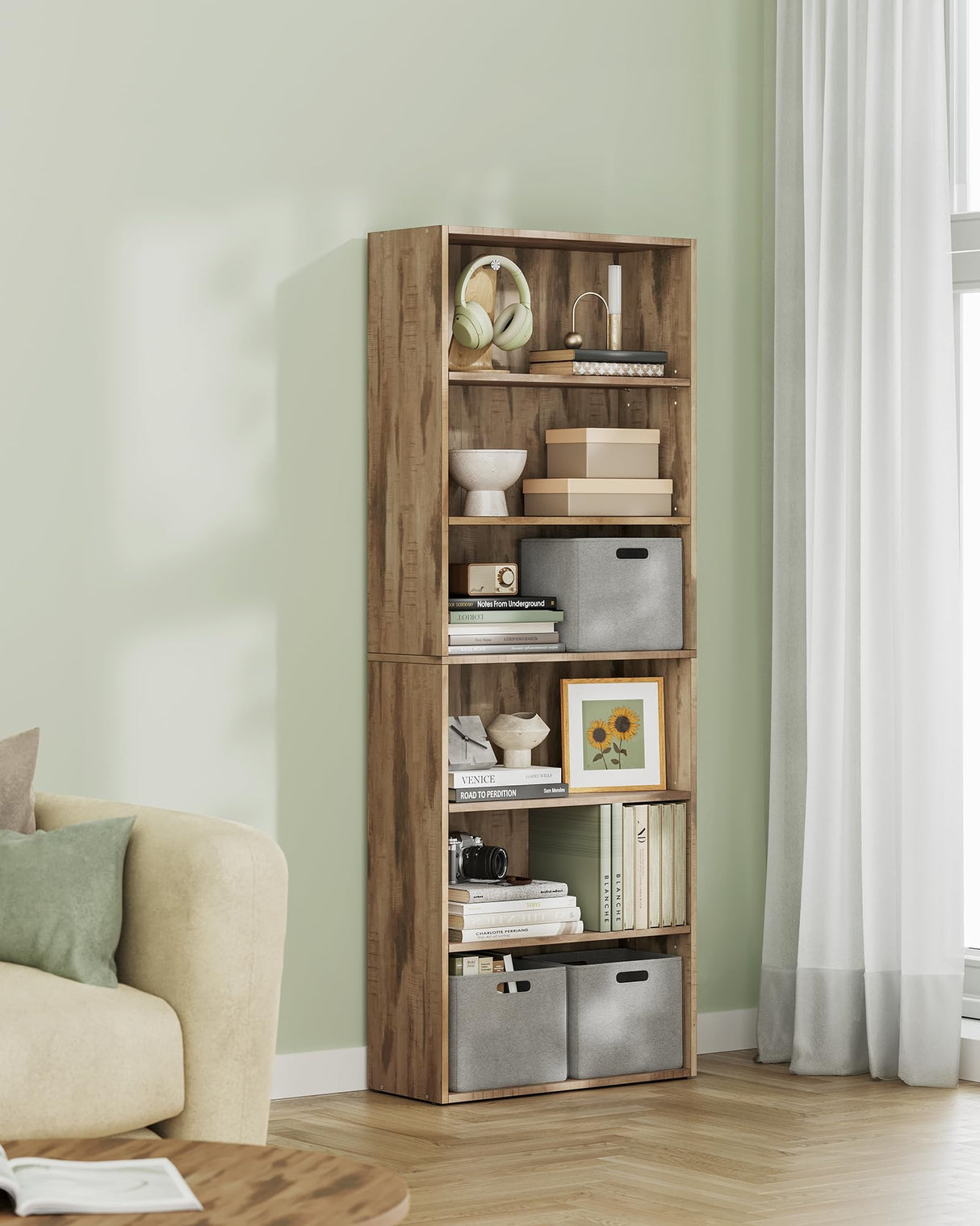 VASAGLE Custos Collection - Bookshelf, 6-Tier Bookcase, Book Shelf, Open Storage Shelf, 9.4 x 23.6 x 63.3 Inches, for Living Room, Home Office, Dinning Room, Camel Brown ULBC166T50 VASAGLE