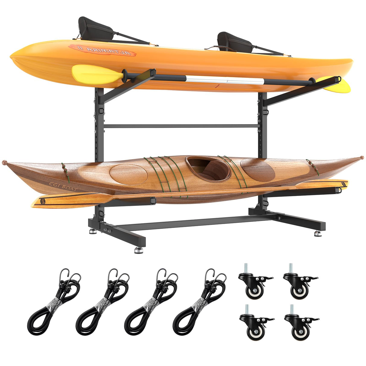 LotFun Kayak Storage Rack, Freestanding Heavy Duty Adjustable Kayak Stand Indoor Outdoor Storage Rack Garage, with Wheels and Foot Pad, for Kayaks, SUPs, Canoes, Surfboard(2 Levels) LotFun