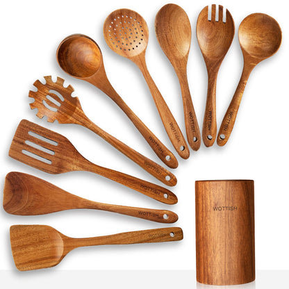 Wooden Spoons for Cooking,Wooden Utensil Set,Wooden Cooking Utensils,10-Piece Wooden Kitchen Utensil Set with Wooden Spoons(A10)