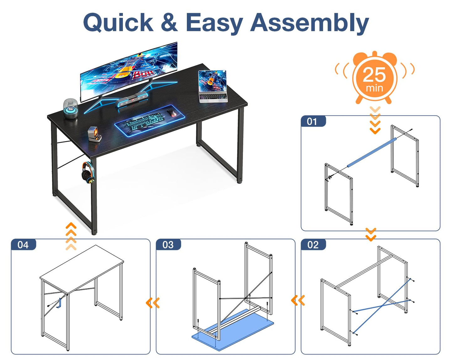 Casaottima 48 Inch Small Computer Desk for Home Office, Study Writing Table for Small Spaces, Simple Modern Desk with Headphone Hooks, Black - WoodArtSupply