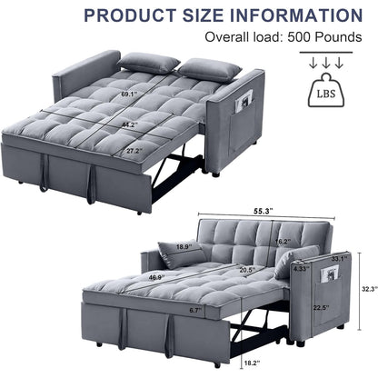 3-in-1 Pull Out Couch, 55.3'' Convertible Futon Sofa Bed, Velvet Sleeper Loveseat with Pillows, Pockets, Small Sofa Cama for Living Room, Apartment, Grey