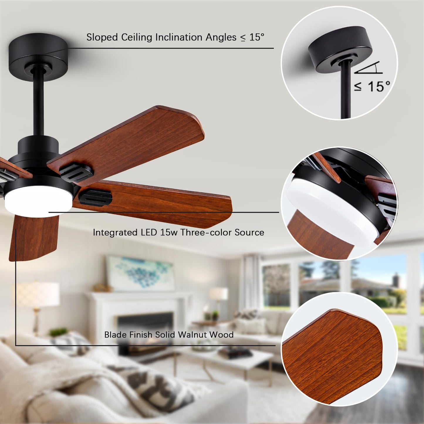 ducrew 42" Wood Ceiling Fan with Light and Remote, Quiet Reversible DC Motor, 5 Blade Walnut/Black, 6 Speed, Indoor/Outdoor Ceiling Fans for Patio, Dining Room,Living Room and Farmhouse - WoodArtSupply