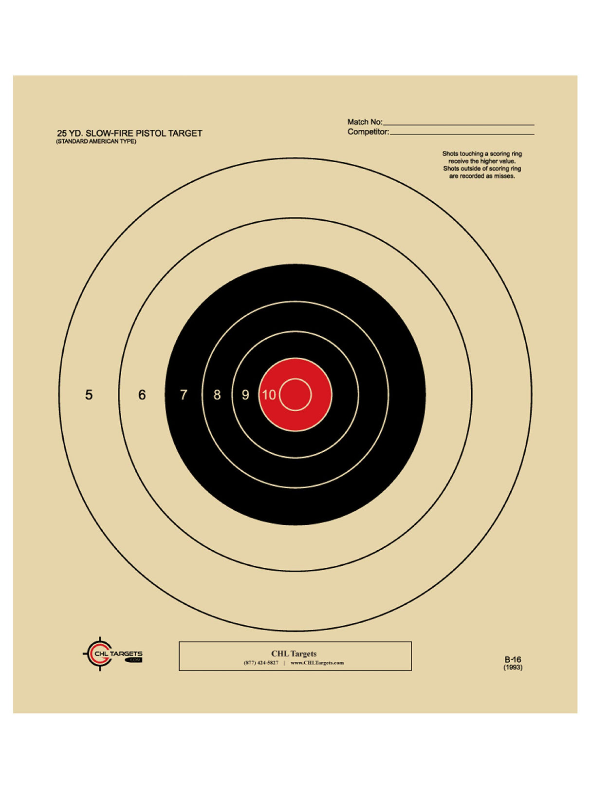 25 Yard Slow Fire Pistol Target, Official NRA Target B-16, Bullseye Target, Archery, Gun, Rifle, Pistol, Airsoft, BB Gun, Air Rifle (50 Target Pack, Red Center) CHLTargets.com