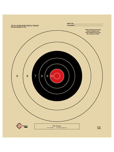 25 Yard Slow Fire Pistol Target, Official NRA Target B-16, Bullseye Target, Archery, Gun, Rifle, Pistol, Airsoft, BB Gun, Air Rifle (50 Target Pack, Red Center) CHLTargets.com