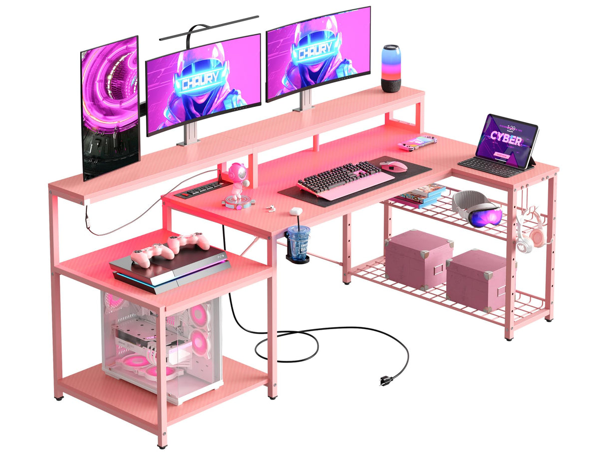Bestier 71.5 inch Gaming Desk with Power Outlet, Large LED Computer Desk with Monitor Stand, L Shaped Desk with Storage Shelf, Cup Holder & Headset Hooks, Corner Gamer Desk for Bedroom Pink Bestier