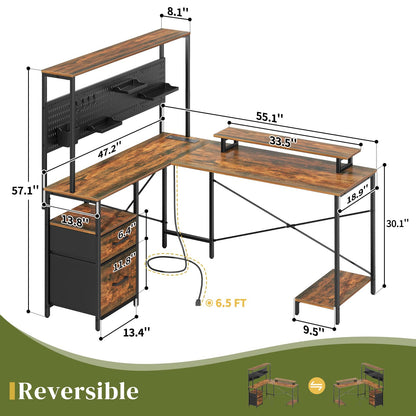 Yoobure L Shaped Desk with Pegboard, Reversible Computer Desk with Drawers & Storage Shelves, Gaming Desk with LED Lights & Power Outlets, Office Desk with Monitor Stand Corner Desk Home Office Desks