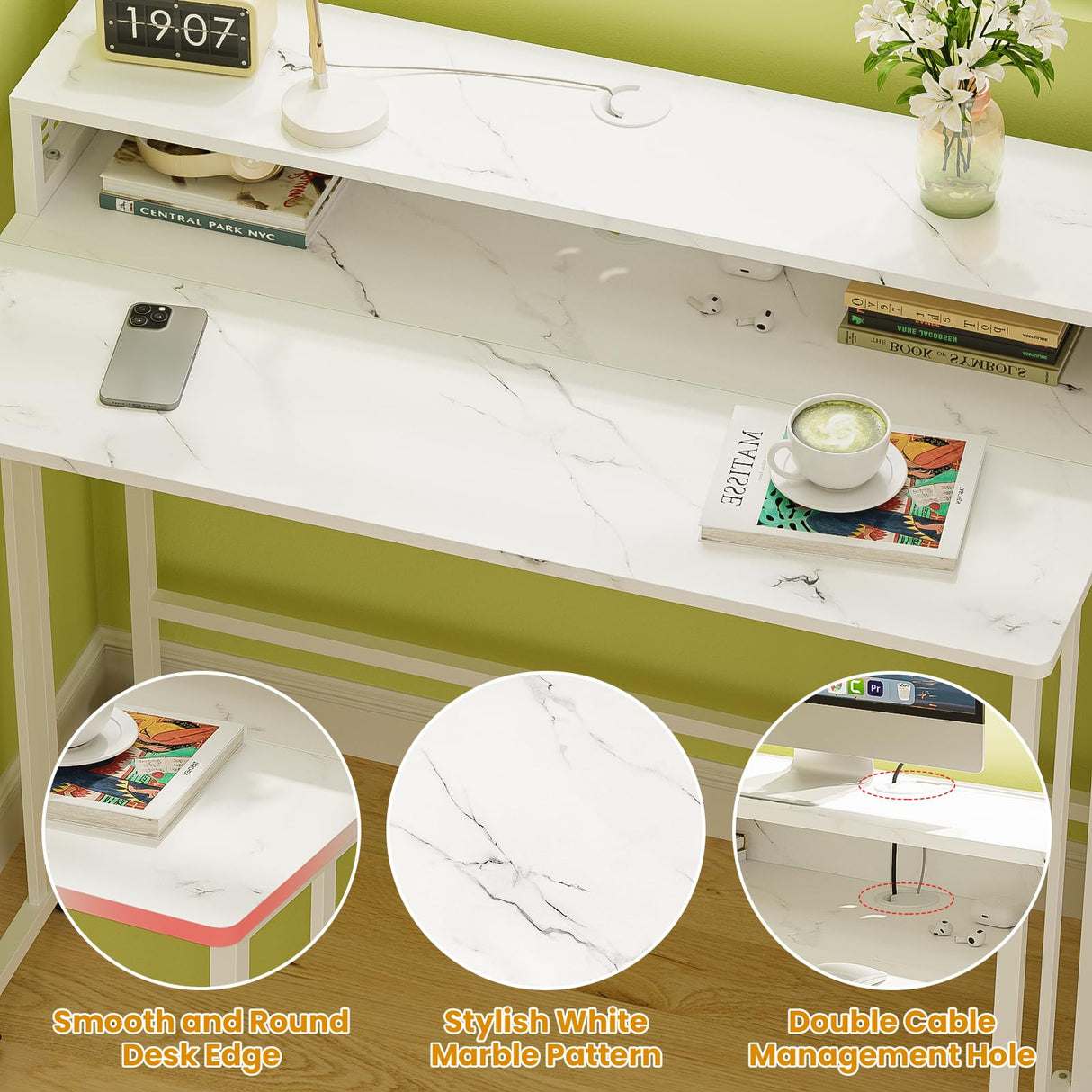 Gezen Folding Desk with Storage Shelf, Small Rolling Desk with Wheels, Mobile Couch Desk Sofa Side Table Bed Desk for Home Office Small Space, White Marble, 31.5" Gezen