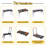 LEADALLWAY 7-in-1 Workbench Folding with Power Outlet and 33FT Long Power Cord Painted Work Table as Workbench, Scaffold,Platform,Sawhorse,Car Creeper and Hand Truck with 4 Wheels, Black LEADALLWAY