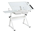 ALYIAMXL Drafting Table w/Stool, Painting Table Art Craft Desk Crafting Table with Tilting Tempered Glass Top, 2 Storage Drawers, Height Adjustable (White) ALYIAMXL