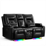 URRED Power Loveseat Recliner Sofa with Flipped Backrest Console, Wall Hugger RV Reclining Loveseat Sofa Couch with LED Light/Bluetooth Speakers/USB/Outlets/Cup Holders/Pillow/Side Pocket, Black URRED