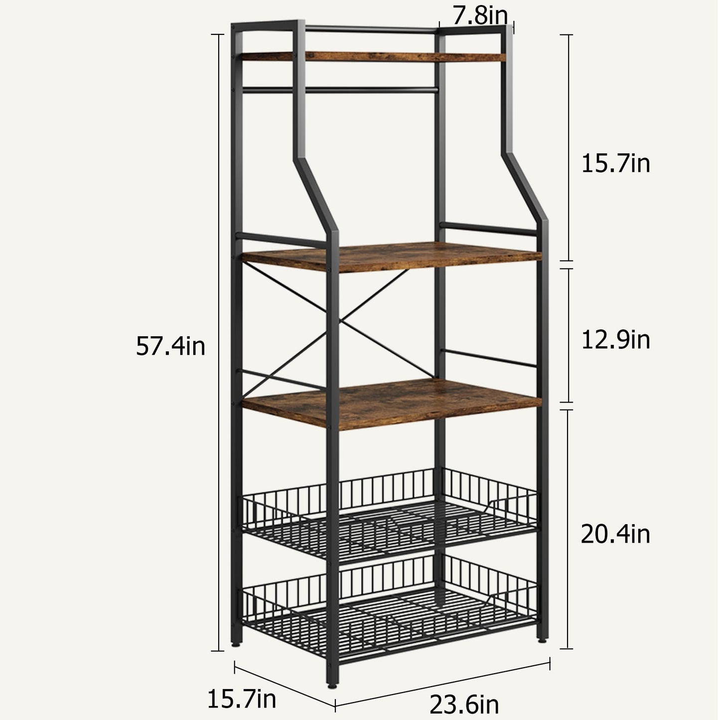 IDEALHOUSE Kitchen Bakers Rack, Microwave Oven Stand with 2 Large Wire Basket, Industrial Coffee Bar Station, 5-Tier Kitchen Utility Storage Shelf with 8 Hooks for Spice, Pots Organizer, Rustic Brown