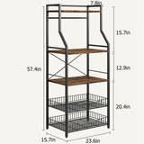 IDEALHOUSE Kitchen Bakers Rack, Microwave Oven Stand with 2 Large Wire Basket, Industrial Coffee Bar Station, 5-Tier Kitchen Utility Storage Shelf with 8 Hooks for Spice, Pots Organizer, Rustic Brown IDEALHOUSE