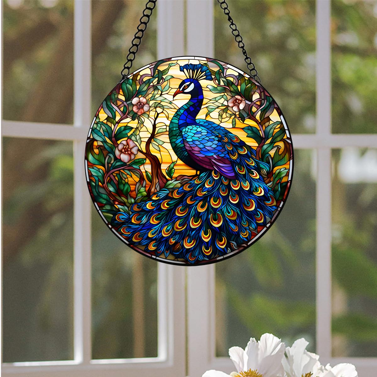 WOHAHA Peacock Stained Glass Window Hanging - 7.8'' Hand-Painted Suncatcher for Indoor/Outdoor Decor, Sun Catcher Glass Panel Wall Art Decor for Women, Couples & Animal Lovers (Blue-1) WOHAHA