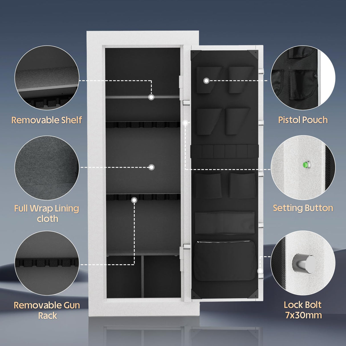 KAER Fireproof Gun Safe Biometric 20 Gun Safe for Rifles and Pistols 30 Minute Fire Protection Heavy-Duty Fingerprint Gun Cabinet for Shotguns with Digital Keypad, Large Quick Access (White) KAER